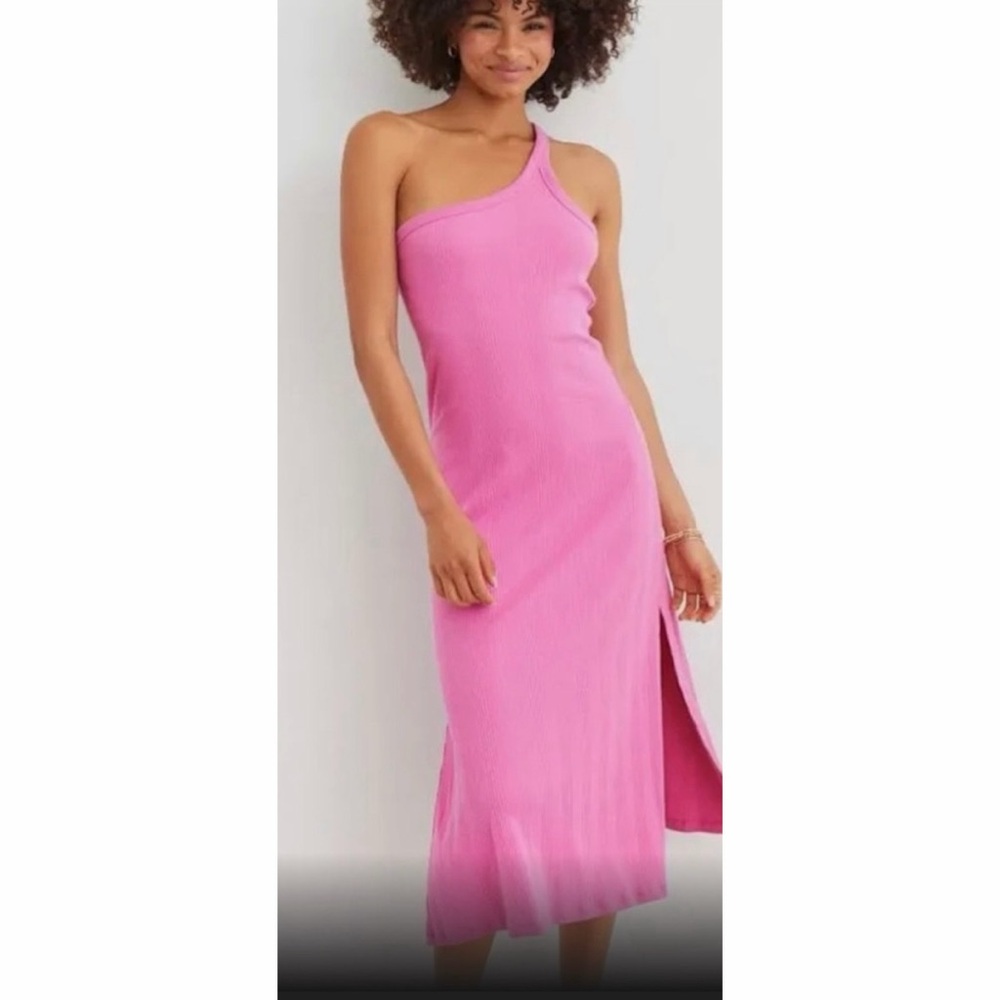 Aerie Pink One Shoulder Ribbed Midi Dress‎